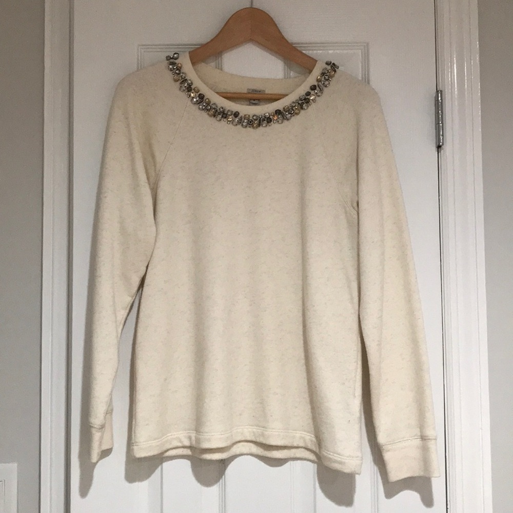 J. Crew Ivory Jeweled Neck Sweatshirt M